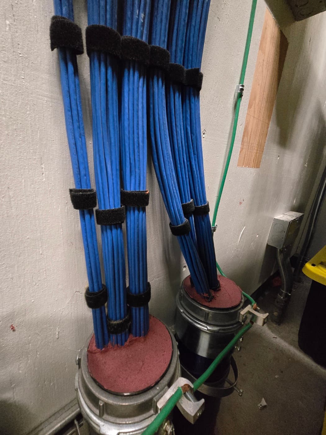 Bundled structured cabling entering conduit fittings, wrapped and labeled