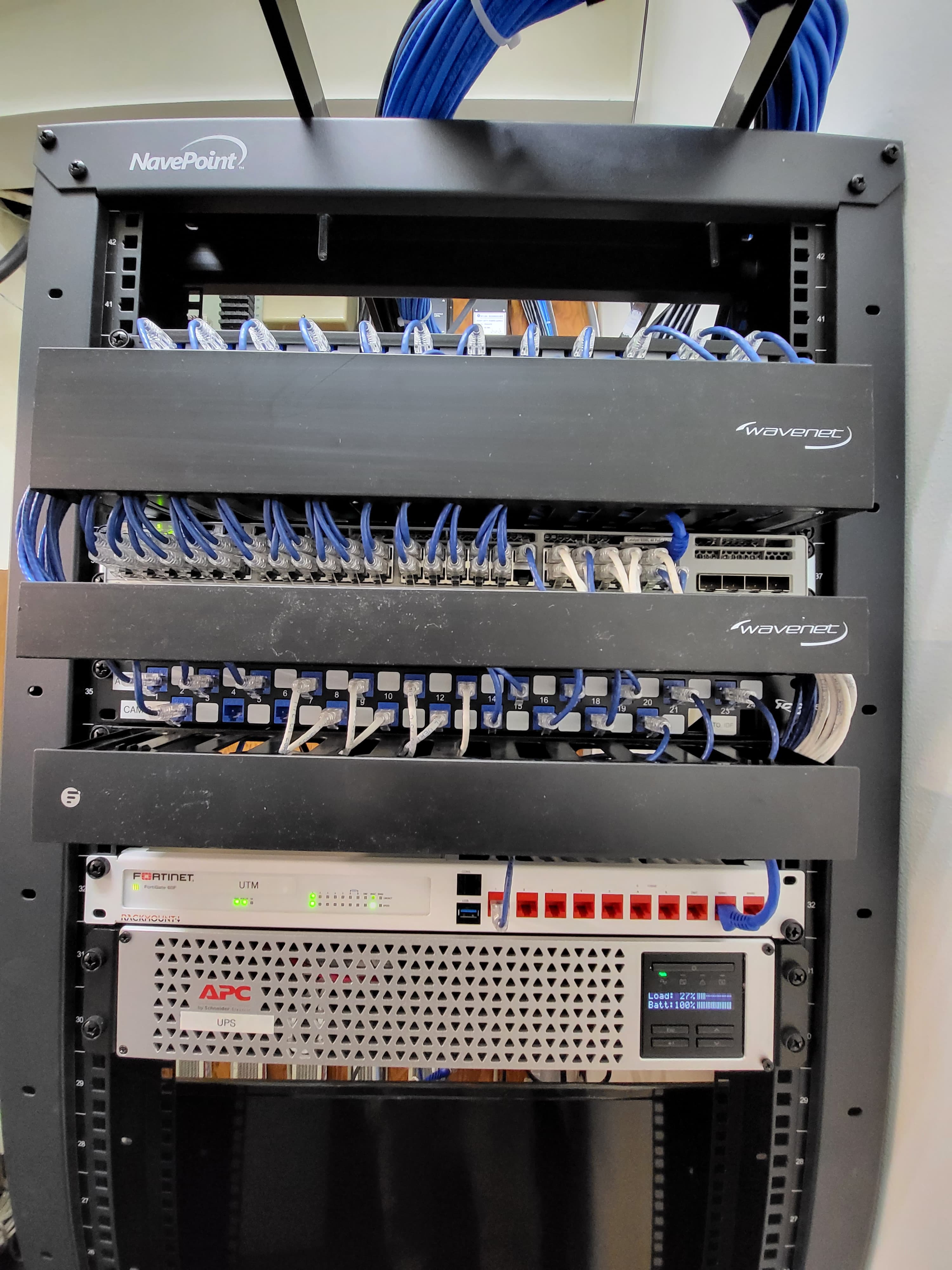 Network rack with patch panels, cable managers, firewall, and UPS installed